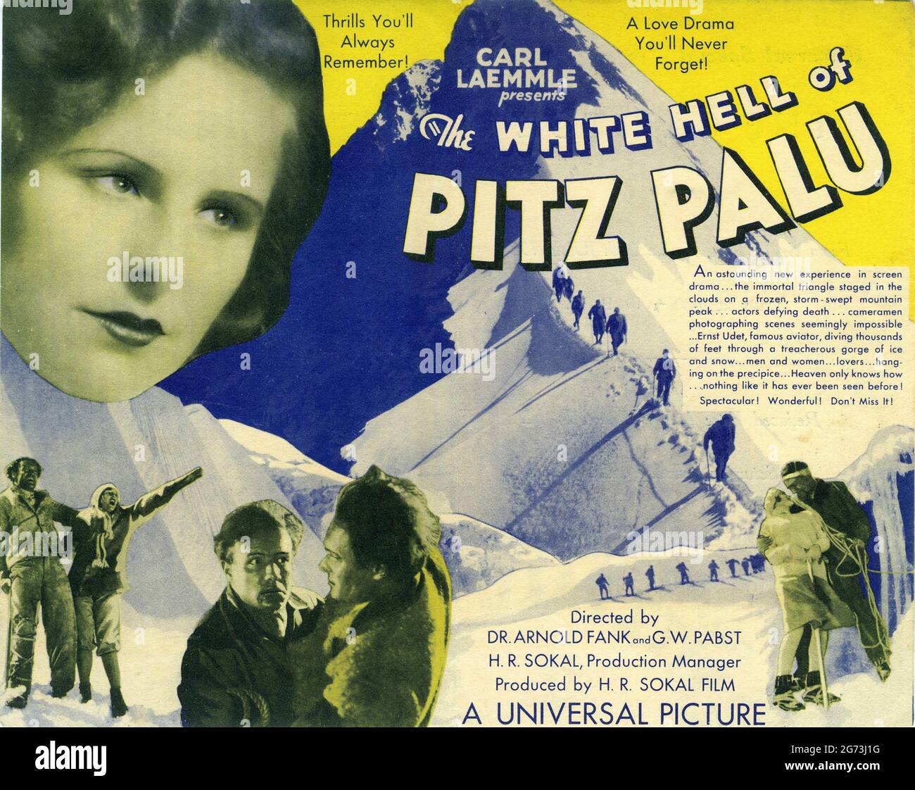 LENI RIEFENSTAHL UND GUSTAV DIESSL IN DIE WEISSE HOLLE VOM PIZ PALU AKA THE WHITE HELL OF PIZ PALU 1929 REGISSEURE DR. Arnold FANCK und GEORG WILHELM PABST Schriftsteller Arnold Fanck und Ladislaus Vajda Sokal-Film GmbH / Universal Picters Stockfoto