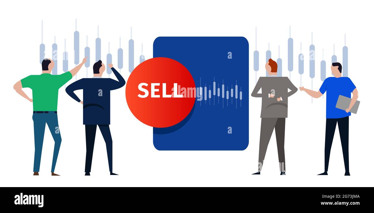 Verkaufen von Aktien Red Button Markt Transaktion Trader Analyst Investor Blick in Candlestick Chart Vorhersage nehmen Gewinn reduzieren Verlust Stock Vektor