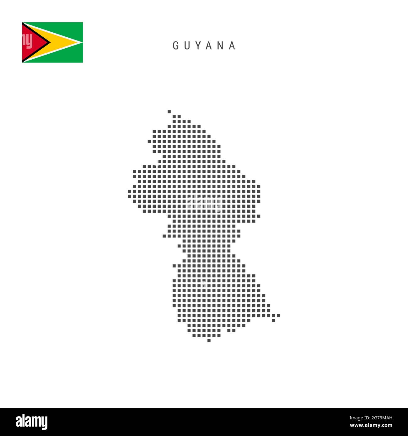 Quadratische Punkte Musterkarte von Guyana. Guyanesische gepunktete Pixelkarte mit isolierter Nationalflagge auf weißem Hintergrund. Vektorgrafik. Stock Vektor