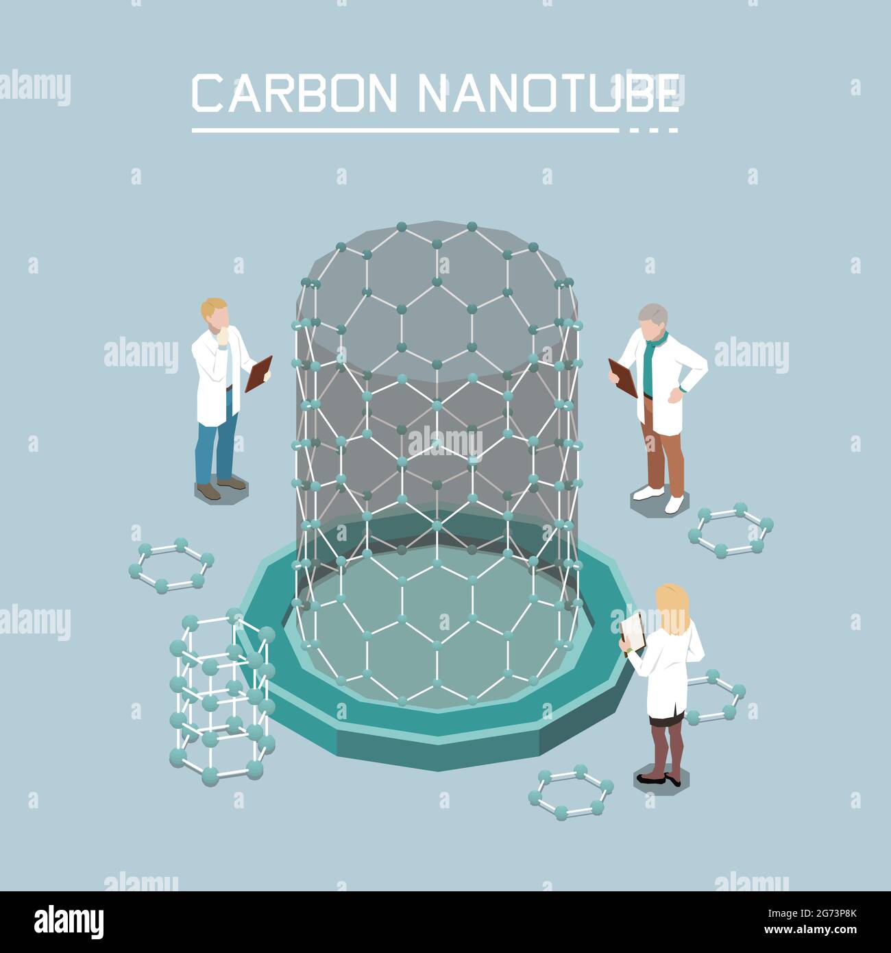 Nanotechnologie isometrische Zusammensetzung mit Kohlenstoff-Nanoröhrchen Wachstum aus Graphen-Nanopartikeln innovative Produkte Nanomaterialien Hintergrund Vektor krank Stock Vektor