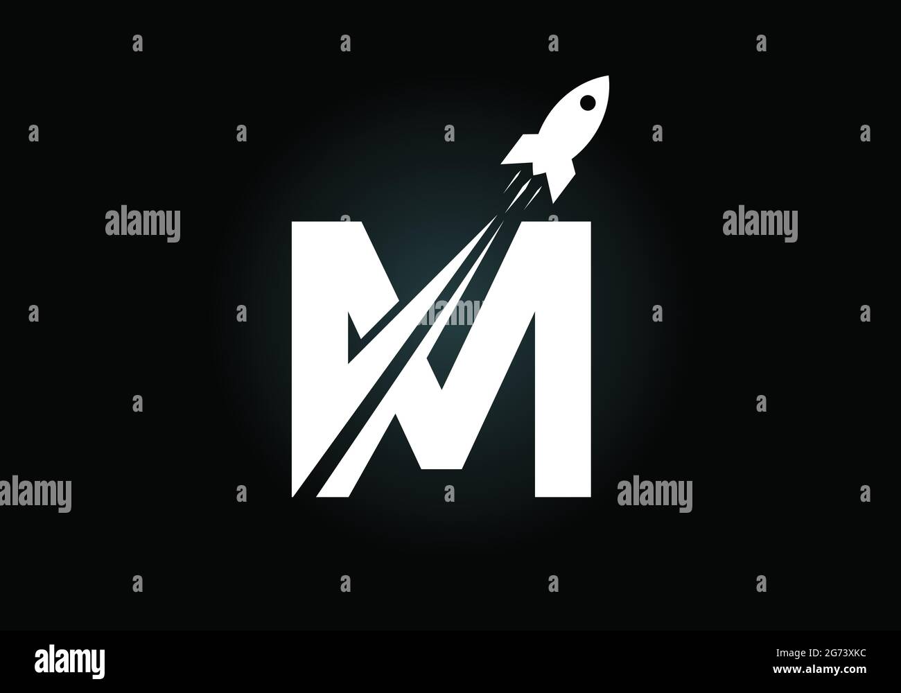 Anfängliches M-Monogramm-Buchstabenalphabet mit einem Rocket-Logo-Design. Raketensymbol. Schrift-Emblem. Moderner Vektor-Logotyp für Geschäfts- und Firmenidentität. Stock Vektor