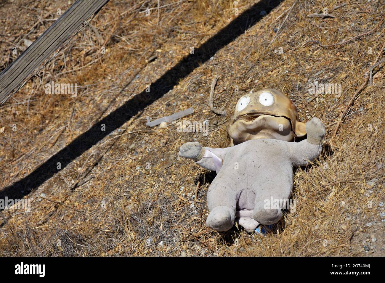 Weggeworfene Puppe mit großen Augen auf der Seite eines kalifornischen Highways, die in der Dürresonne backte, nachdem sie von einem vorbeifahrenden Auto verloren gegangen war Stockfoto