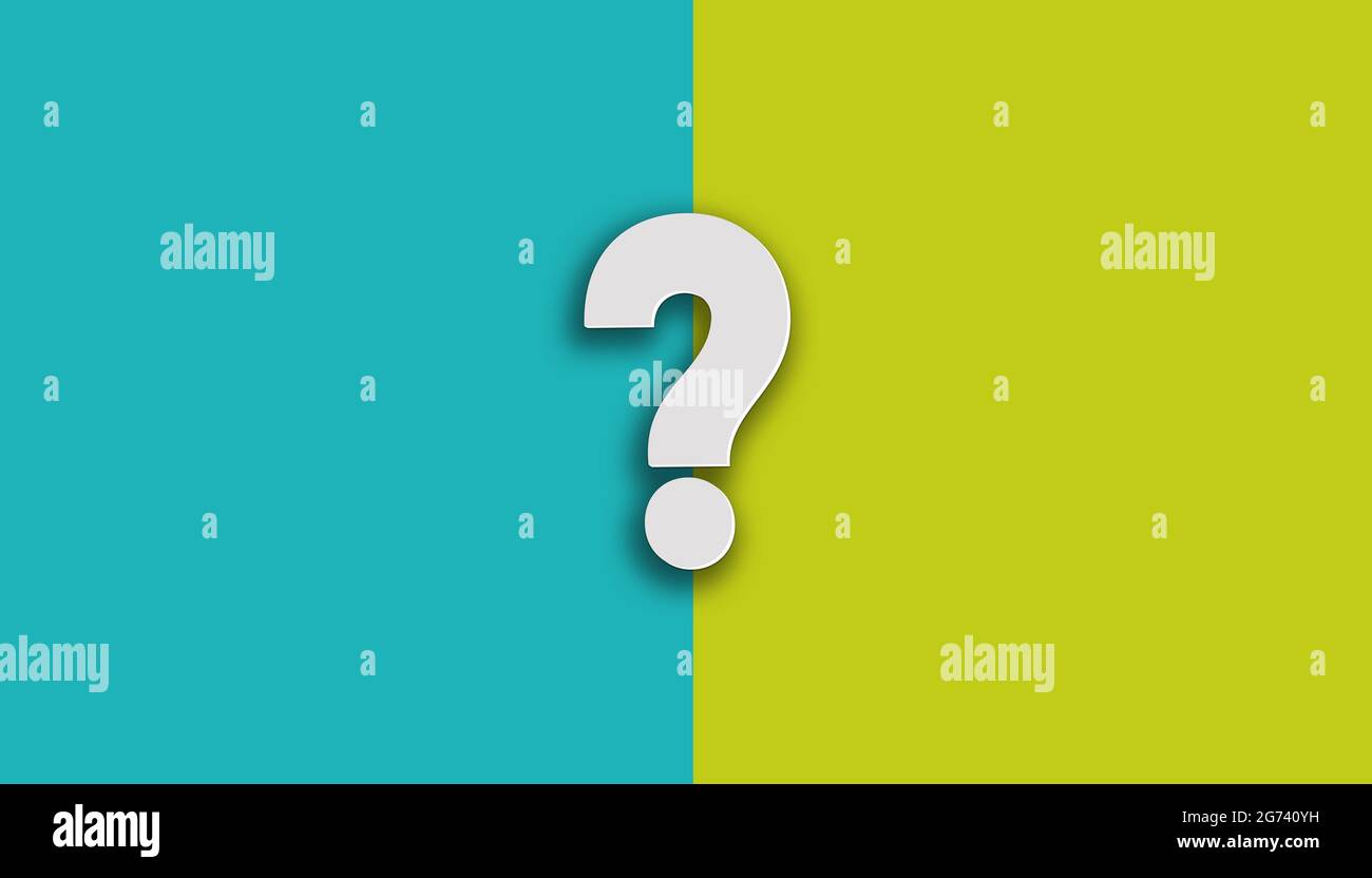 Weißes Fragezeichen auf grünem und blauem Hintergrund, zwei Teile, 3d-Rendering. Speicherplatz kopieren Stockfoto