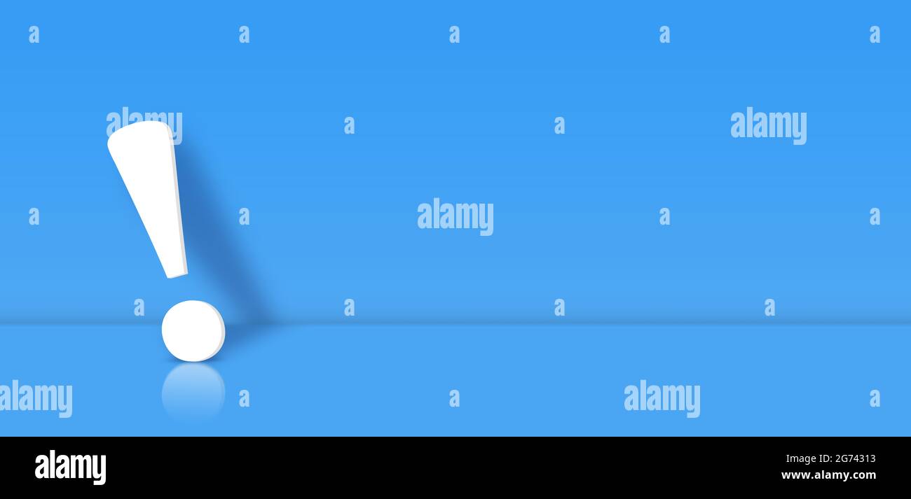 Weißes Ausrufezeichen auf blauem Hintergrund. 3D-Rendering mit Kopierbereich Stockfoto