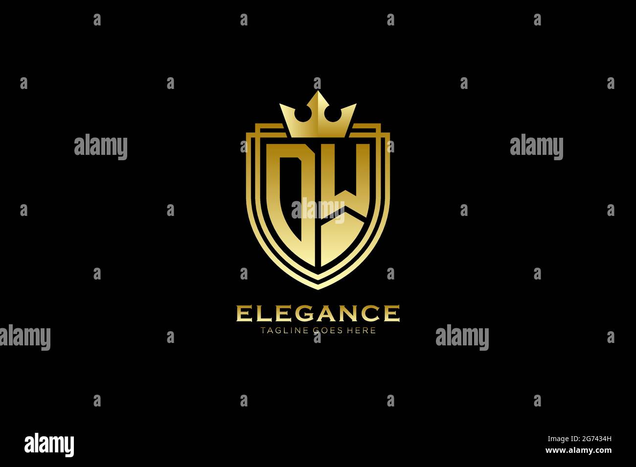 DW Elegantes Luxus-Monogramm-Logo oder Badge-Vorlage mit Rollen und königlicher Krone - perfekt für luxuriöse Branding-Projekte Stock Vektor