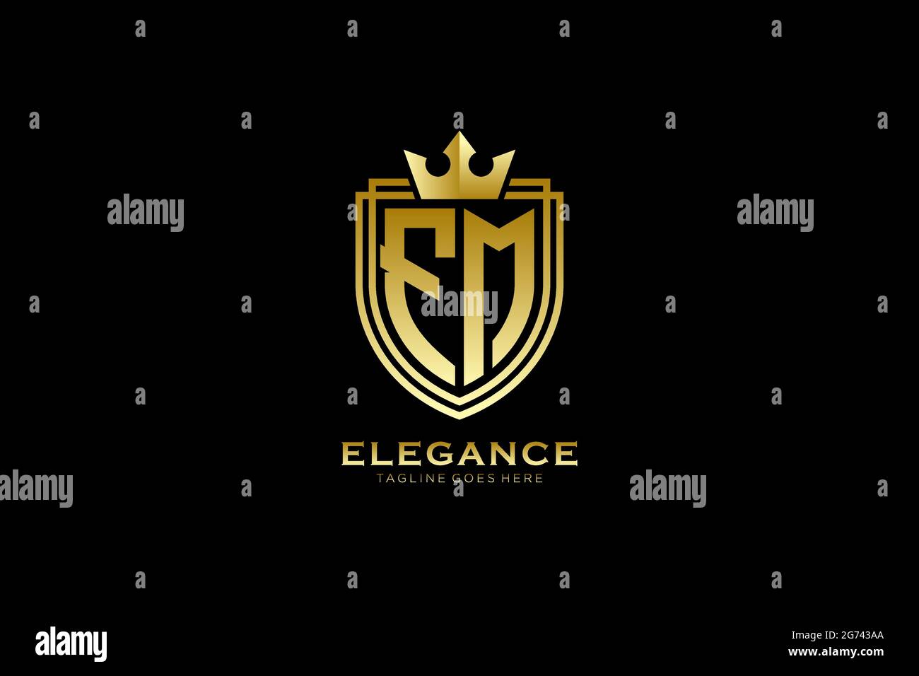Elegante FM-Vorlage mit Monogramm-Logo oder Abzeichen mit Rollen und königlicher Krone – perfekt für luxuriöse Branding-Projekte Stock Vektor