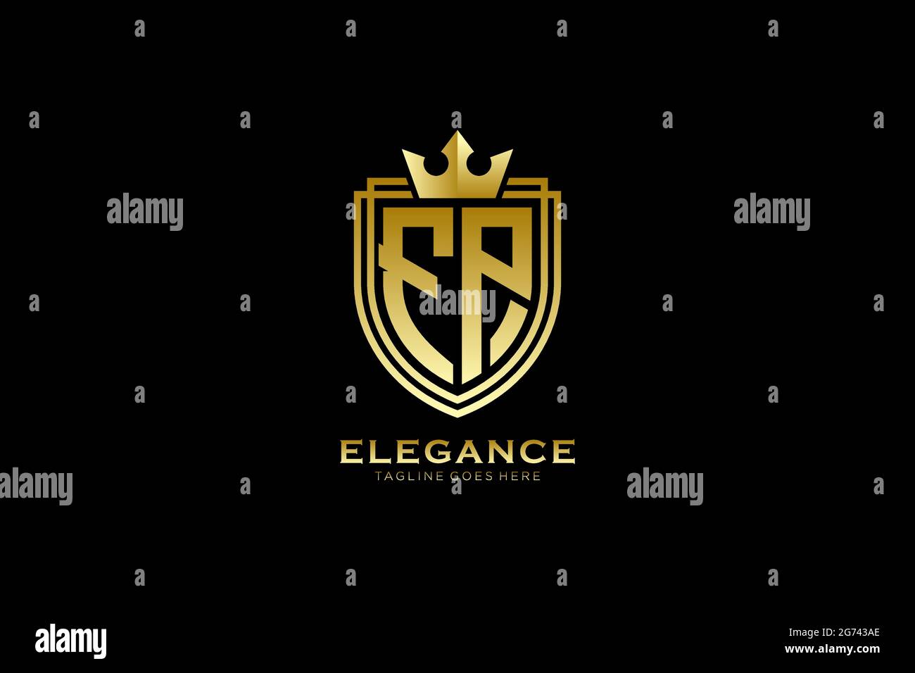 FP Elegantes Luxus-Monogramm-Logo oder Badge-Vorlage mit Rollen und königlicher Krone - perfekt für luxuriöse Branding-Projekte Stock Vektor