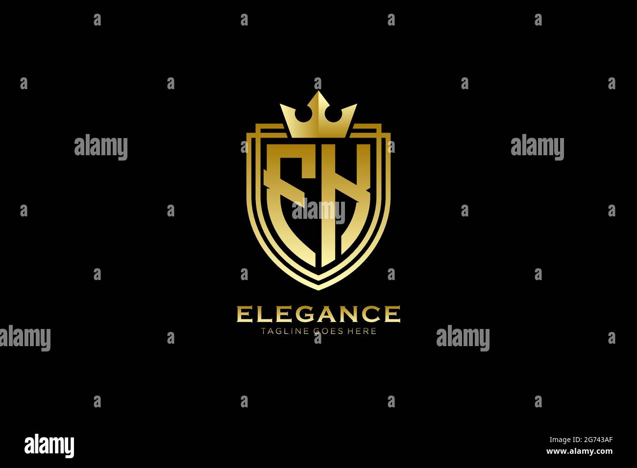 FK Elegantes Luxus-Monogramm-Logo oder Badge-Vorlage mit Rollen und königlicher Krone - perfekt für luxuriöse Branding-Projekte Stock Vektor