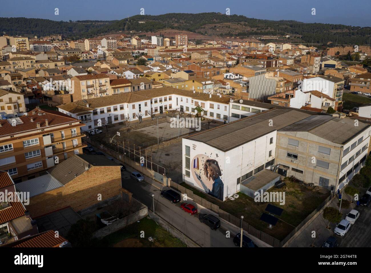 Luftaufnahme der Stadt Navàs (Bages, Barcelona, Katalonien, Spanien) ESP: Vista aérea del Pueblo de Navàs (Bages, Barcelona, Cataluña, España) Stockfoto