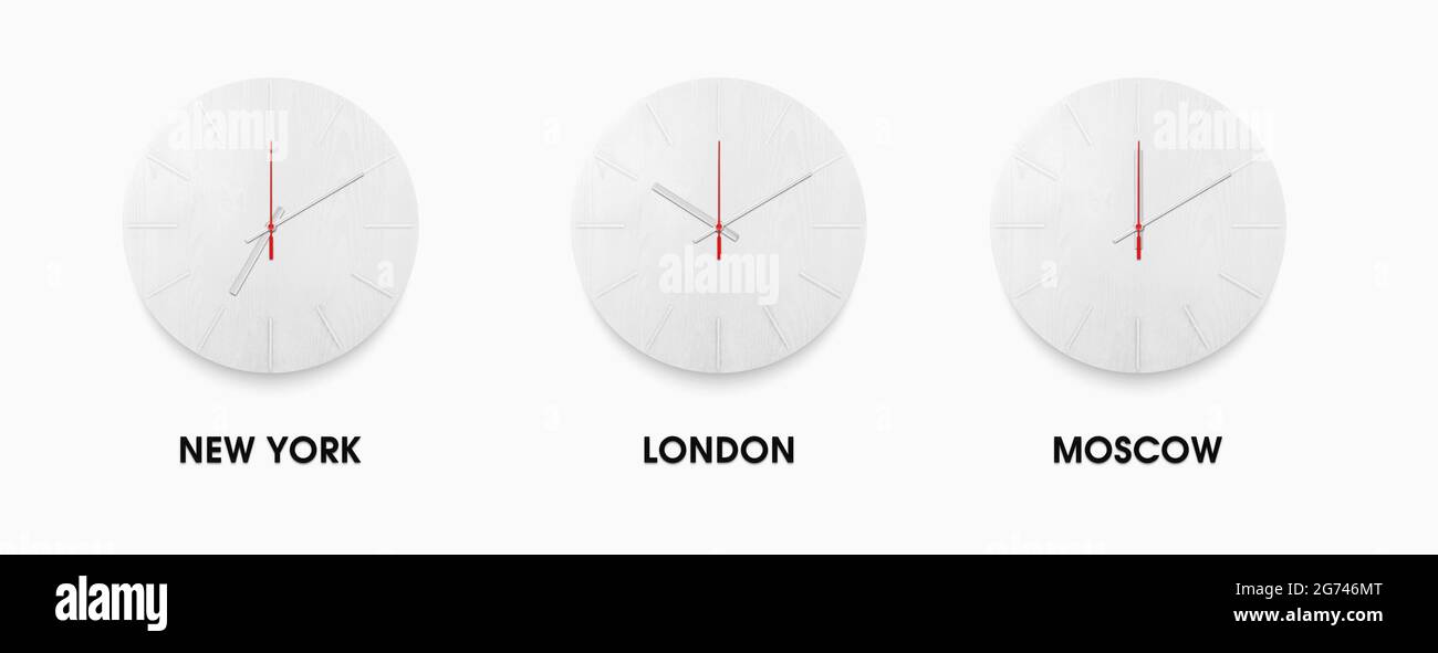 Set von stilvollen weißen Uhr für Zeitzonen verschiedenen Städten. Weiße Uhr auf einem weißen Hintergrund Stockfoto