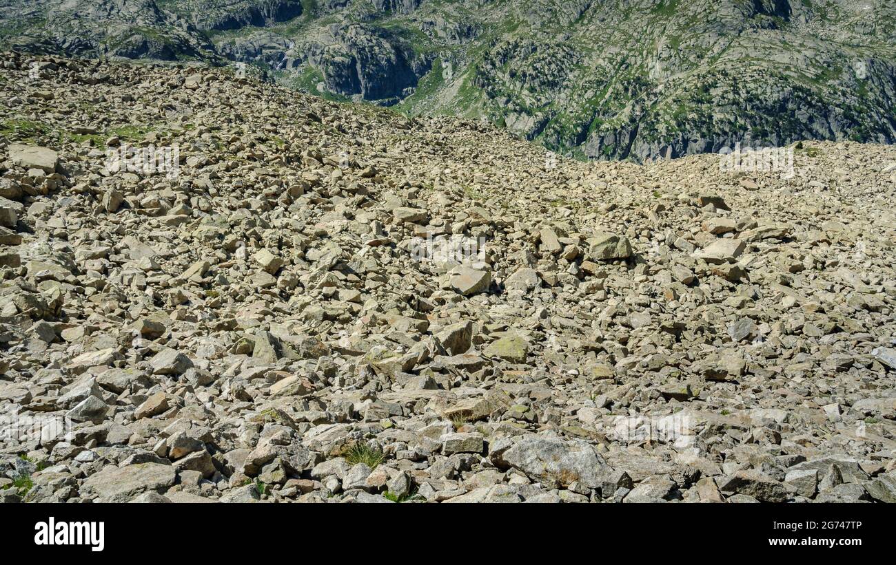 Felsbrocken am Fuße der Agulles de Travessani Nadeln (Nationalpark Aigüestortes i Estany de Sant Maurici, Katalonien, Spanien, Pyrenäen) Stockfoto