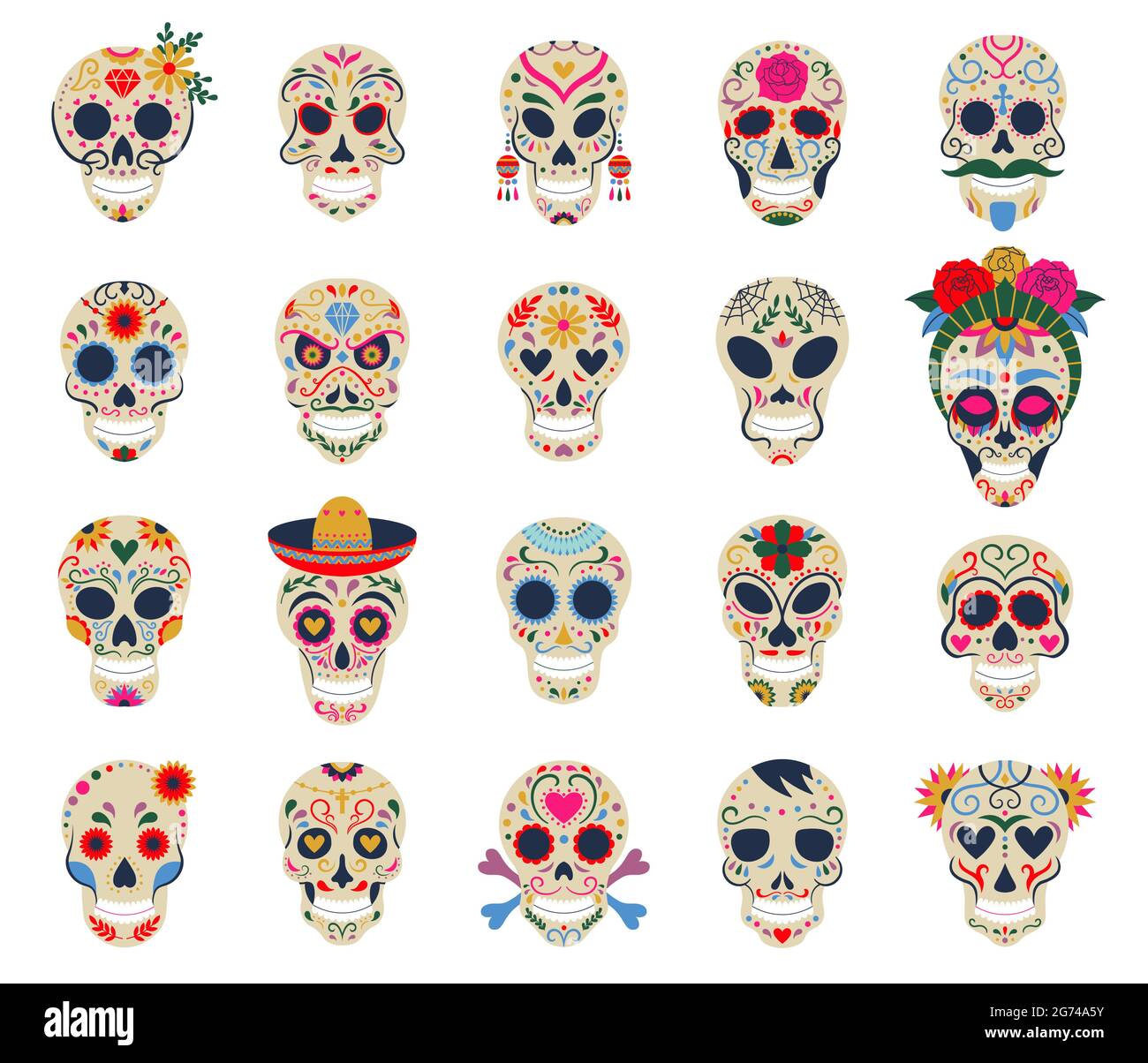 Tag der toten Schädel. Dia de los muertos traditionelle mexikanische Zucker menschlichen Kopf Knochen Vektor-Symbole gesetzt. Tottagsschädel mit Blumenschmuck Stock Vektor