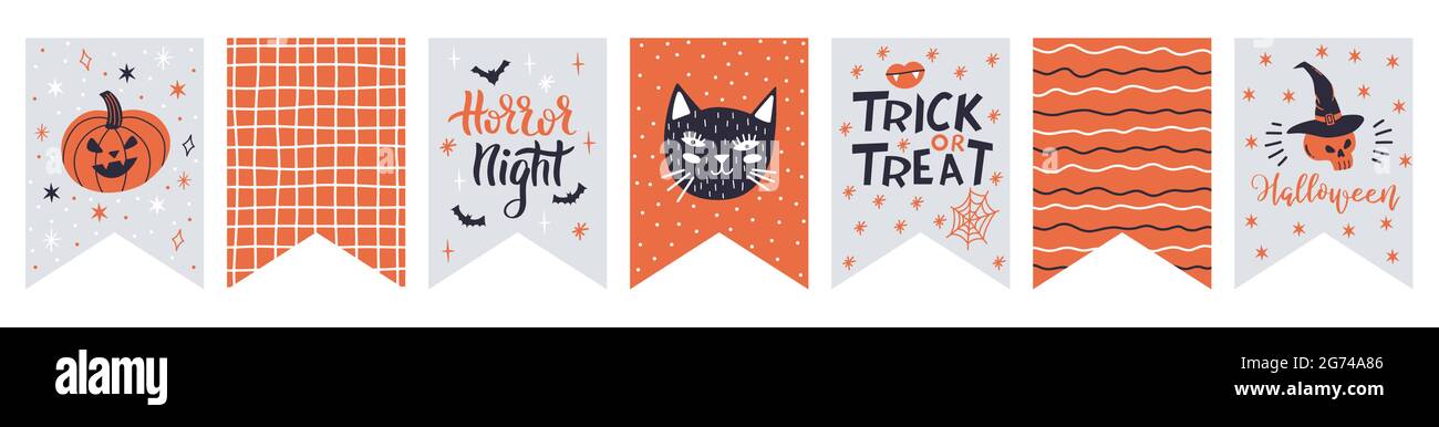 Halloween-Ammer. Niedliche halloween-Fahnen aunting Dekoration, hängen gruselige Fledermäuse und Kürbisse aunting Vektor-Illustration-Set. Halloween-Party-Dekor Stock Vektor