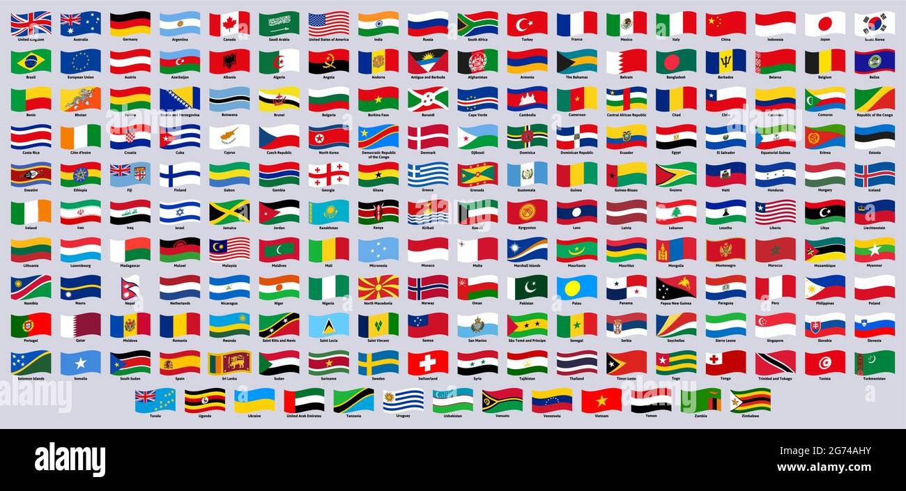 Nationalflaggen. Länder der Welt winkende Embleme, offizielle Kanada, Deutschland, Japan und Griechenland Flagge Zeichen Vektor-Illustration Set. Winkende Flagge Stock Vektor