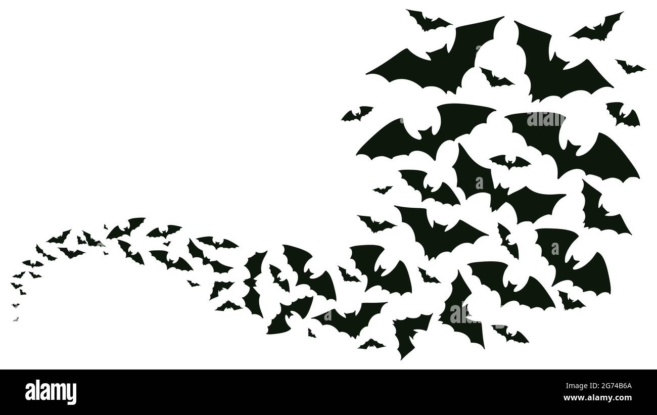 Fliegende halloween Fledermäuse Silhouetten. Fledermäuse Flock fliegende Welle, Vampir fliegende geflügelte gruselige Tiere Vektor Hintergrund Illustration. Gruselige halloween Fledermäuse Stock Vektor