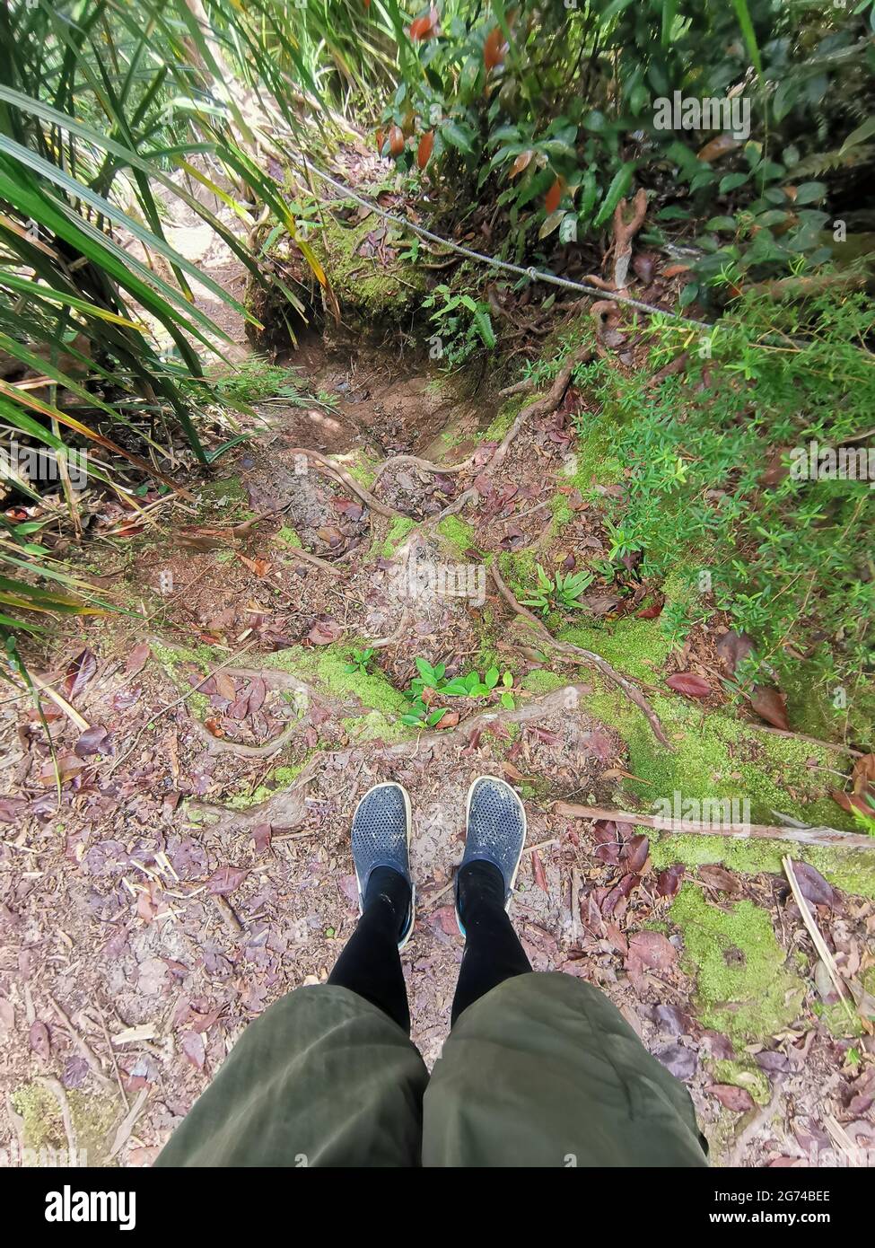 Draufsicht auf die Füße und Beine von Wanderern mit dunkelgrüner Hose und Kroktschuh, die auf dem Boden des Wanderweges stehen. Alleinreisende im Freien. Wilde Natur Lifestyle t Stockfoto