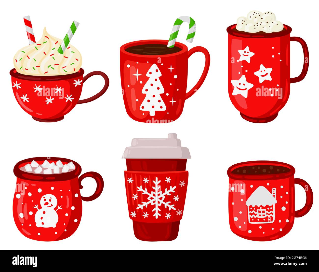 Heiße Getränke aus dem Urlaub. Weihnachten Wintergetränke, Latte, Cappuccino und heißer Kakao mit Marshallows Vektor-Illustration-Set. Kuschelige Becher mit weihnachten Stock Vektor