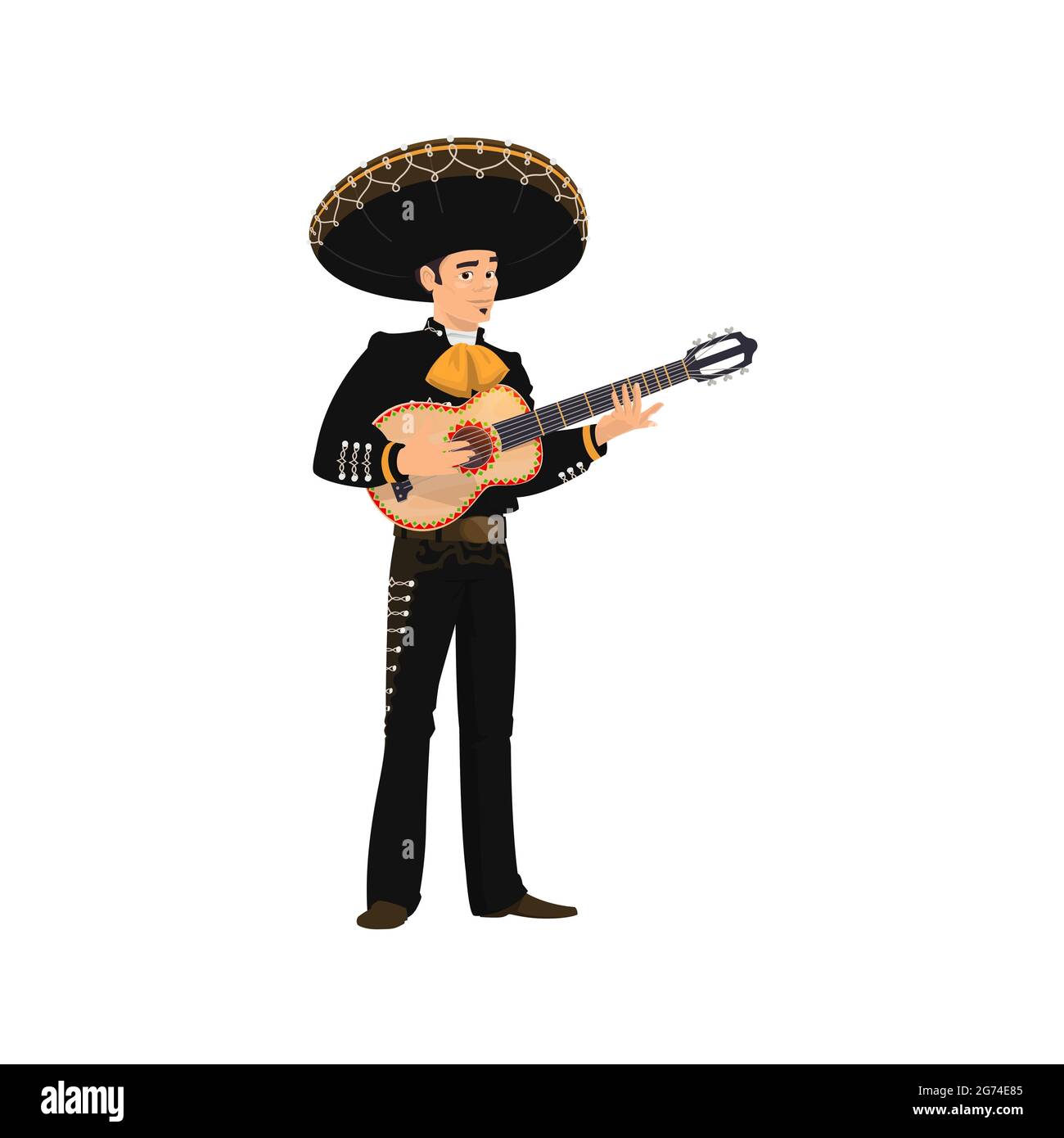 Karneval Musiker Mariachi spielt Gitarre isoliert. Vector spanischen Gitarristen Latino Street Player in nationalen schwarzen Kostüm und Sombrero Hut mit stri Stock Vektor