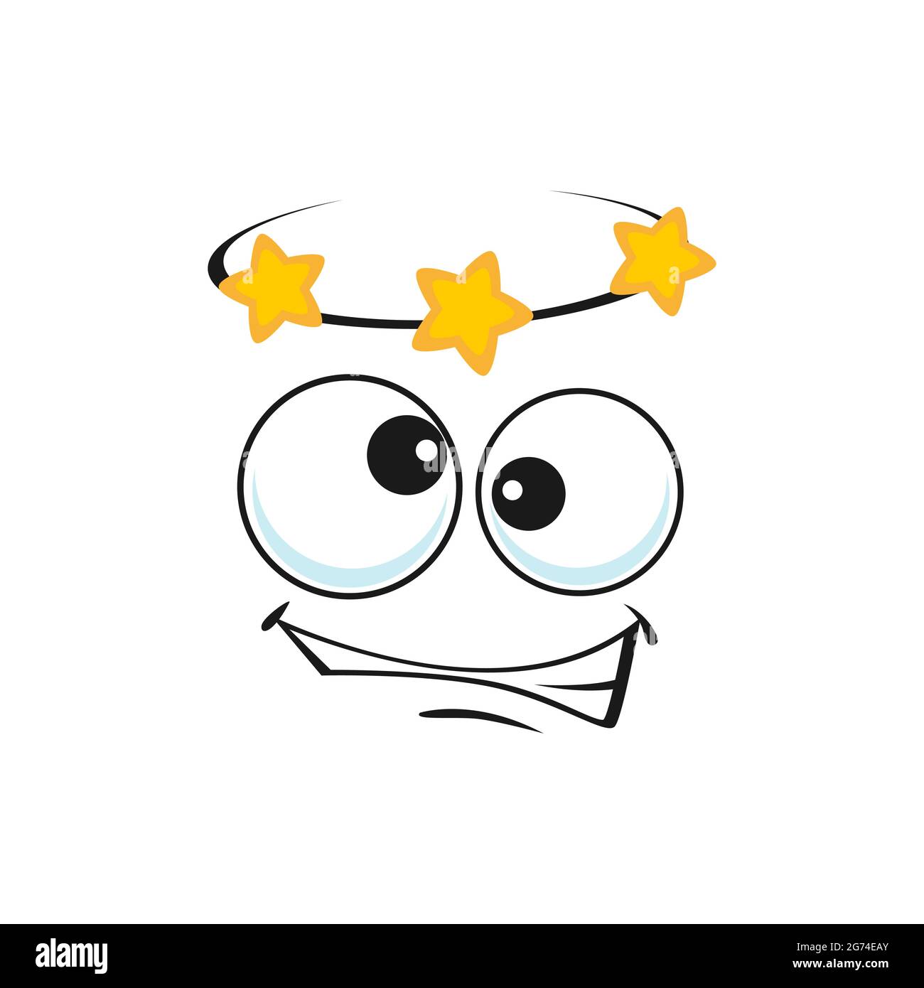 Cartoon schwindeliges Gesicht, Vektor-Schwindel Emoji mit Sternen über dem Kopf und schrägen Augen, Schwindel lustige Gesichtsausdruck. Menschliche Gefühle, Comic-Charakter em Stock Vektor