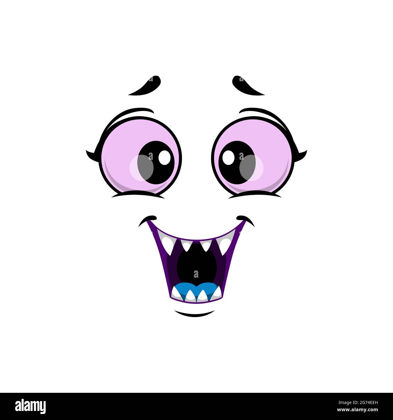 Cartoon Monster Gesicht isoliert Vektor-Symbol, lustige Gesichts-Emoji von Halloween Kreatur. Emotion toothy Lächeln mit großen lila runden Augen, Mund mit scharfen Stock Vektor