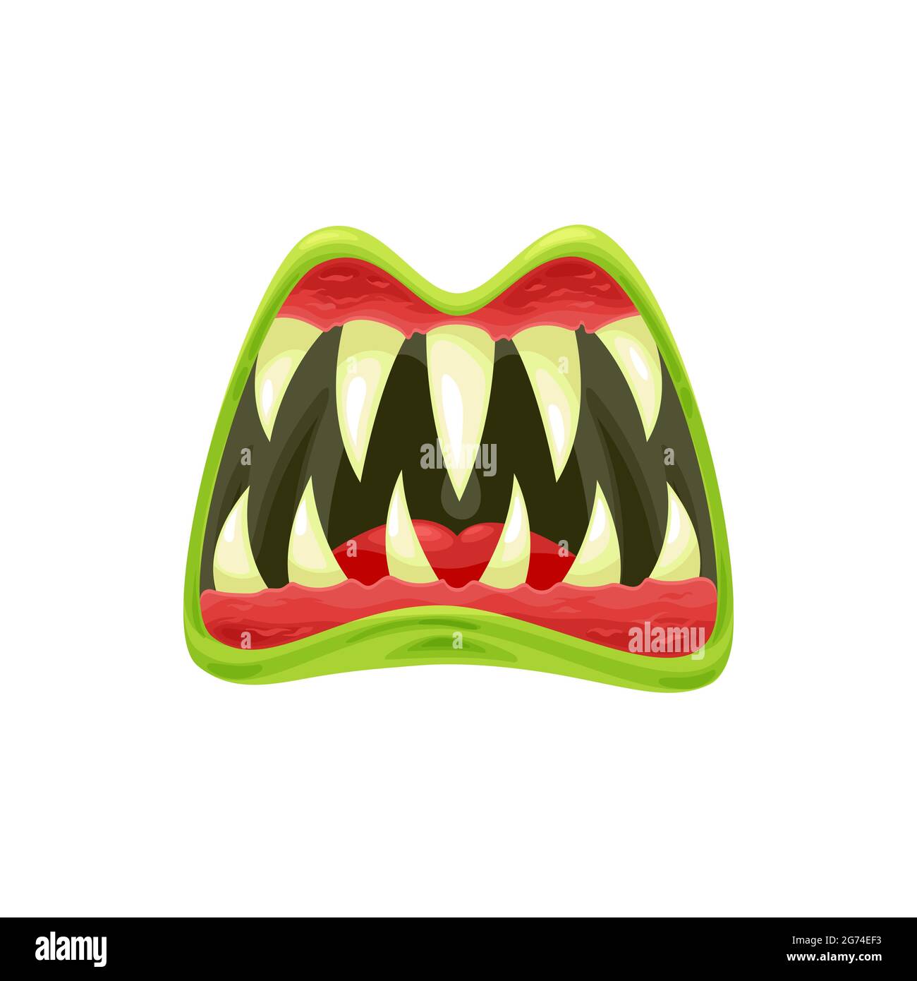 Monster Mund Vektor-Symbol, gruselige Zombie oder Alien Kiefer mit scharfen Zähnen, grünen Lippen und roter Zunge. Halloween Kreatur brüllenden Mund isoliert auf weiß Stock Vektor