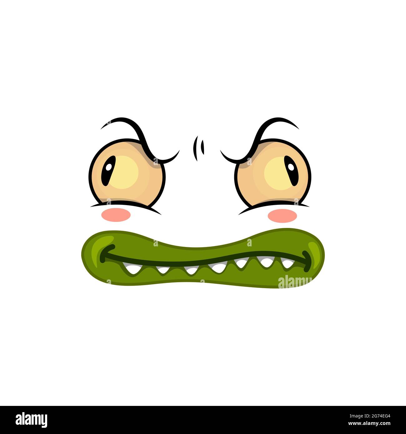 Monster Face Cartoon Vektor-Symbol, lustige Halloween-Emotion mit gruseligen schrägen Augen und toothy Mund mit grünen Lippen. Ghost, Alien oder Hölle Geschöpf em Stock Vektor