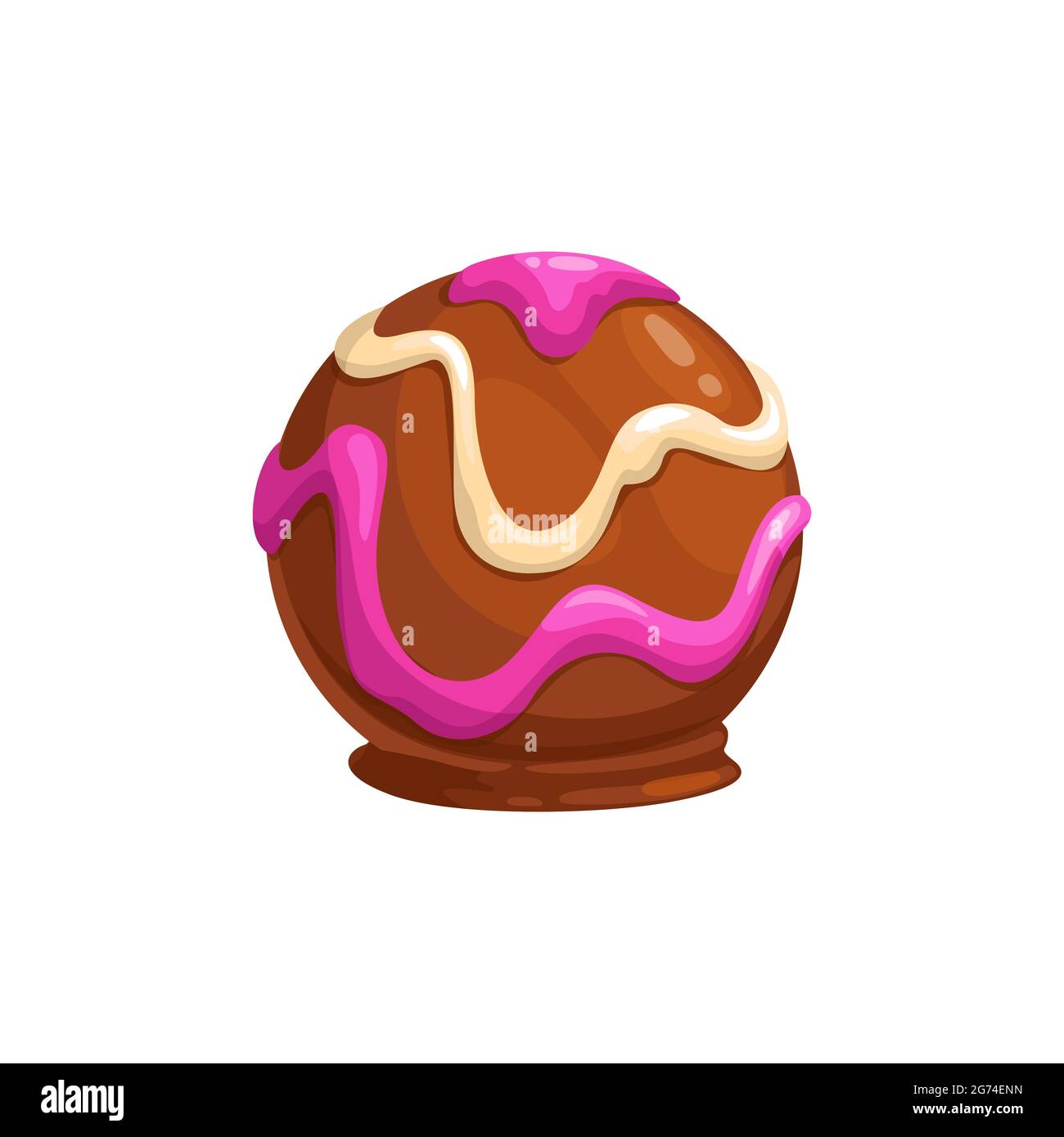 Vektor-Symbol für Schokoladenbonbons. Süßes Schoko-Dessert in Form von Kugel mit Praline, Nüssen oder Kakao, rosa und weißen Belag. Dunkle, Milch- oder Bitterschokolade, Stock Vektor