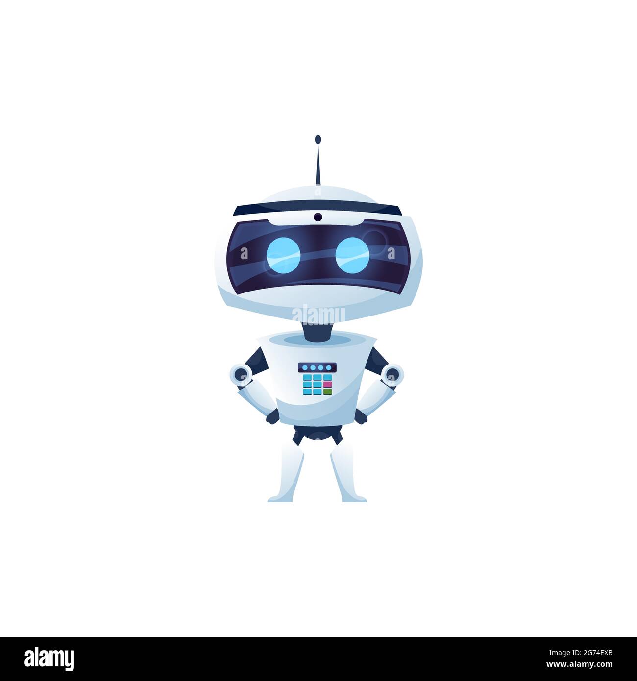 Cartoon-Roboter Vektor-Symbol, Cyborg Charakter, Spielzeug oder bot, künstliche Intelligenz Technologie. Freundliche Roboter Arme akimbo und und digitale leuchten Gesicht, Schnitt Stock Vektor