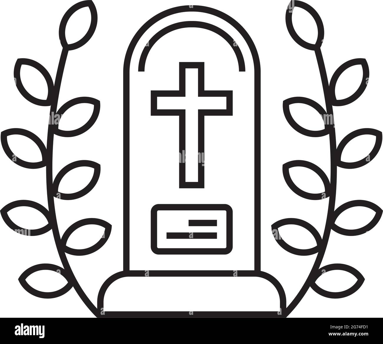 Bestattungs-Symbolvektor im dünnen Linienstil. Der Sarg mit dem Kreuz.das Symbol des Beerdigungshauses. ABBILDUNG des RIP-Schilds. Bilderrahmen mit einer toten Frau Stock Vektor