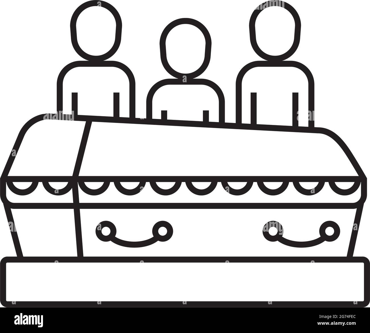 Bestattungs-Symbolvektor im dünnen Linienstil. Der Sarg mit dem Kreuz.das Symbol des Beerdigungshauses. ABBILDUNG des RIP-Schilds. Bilderrahmen mit einer toten Frau Stock Vektor