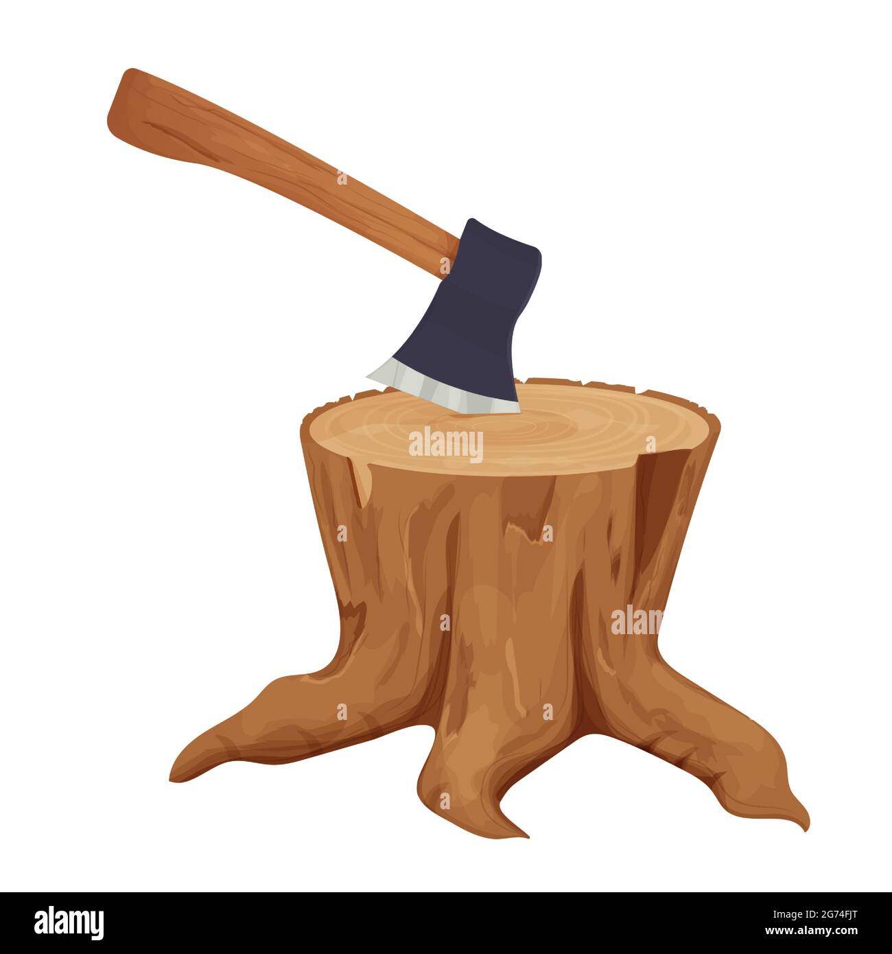 Ein Baumstumpf mit einer Axt im Cartoon-Stil isoliert auf weißem Hintergrund. Detailreich, texturiert, gechopt. Wald, Camping-Konzept. Vektorgrafik Stock Vektor
