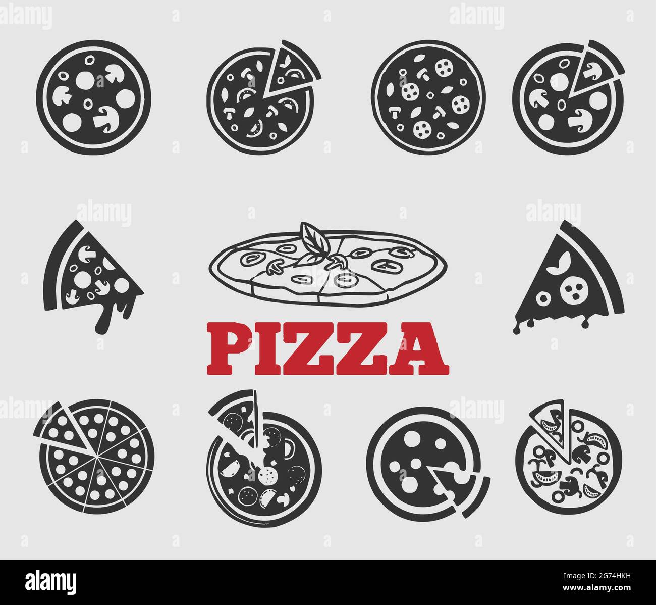 Symbol für schwarze und weiße Pizza oder in Scheiben geschnittene Pizza auf grauem Hintergrund für die Präsentation in der Lebensmittelindustrie Stock Vektor