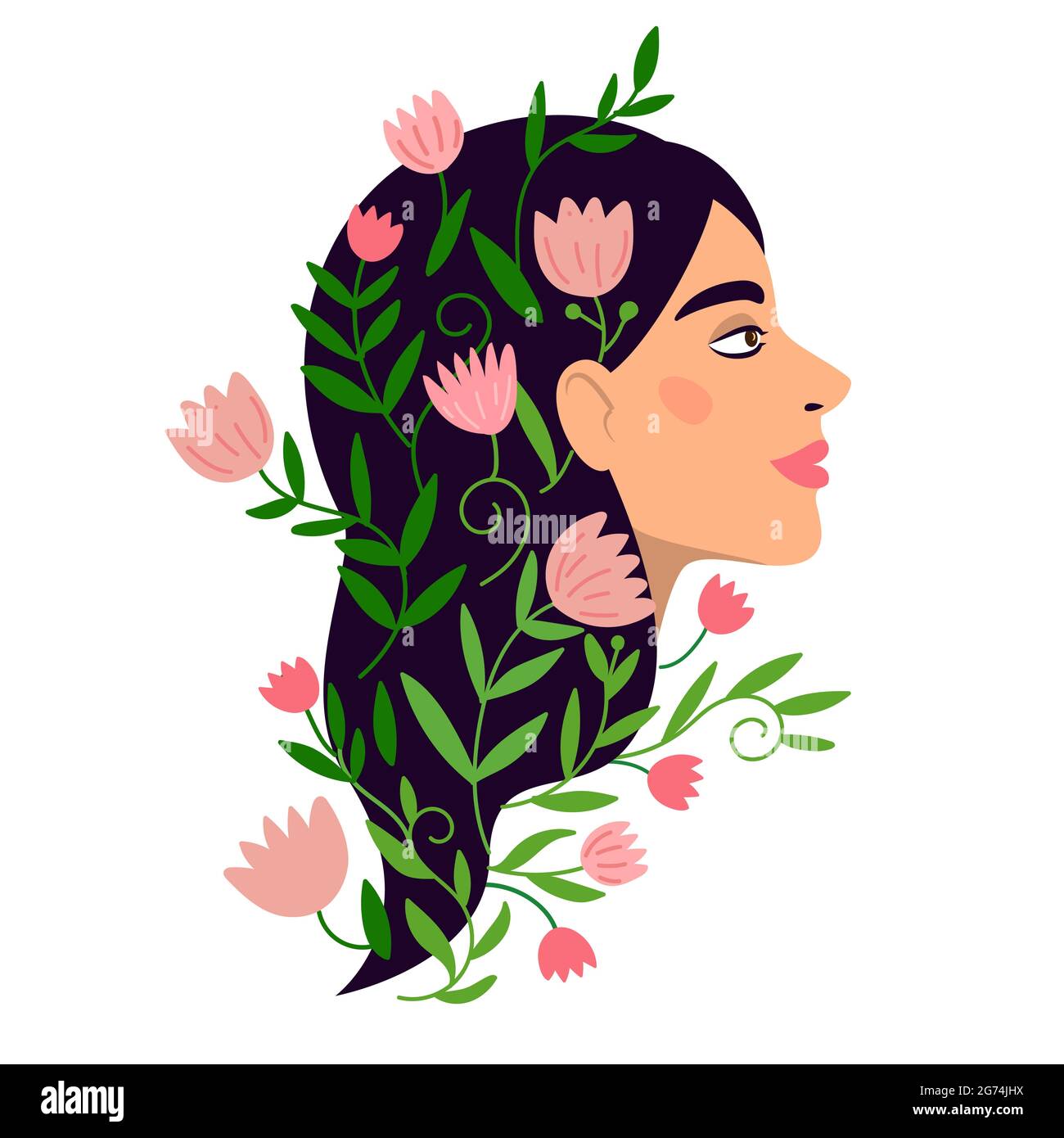 Einfallsreiche Frau mit positiver Harmonie psychische Gesundheit. Weibliches Vektorportrait mit blühenden Blumen im Haar. Psychotherapie oder Psychologie Konzept. Stock Vektor