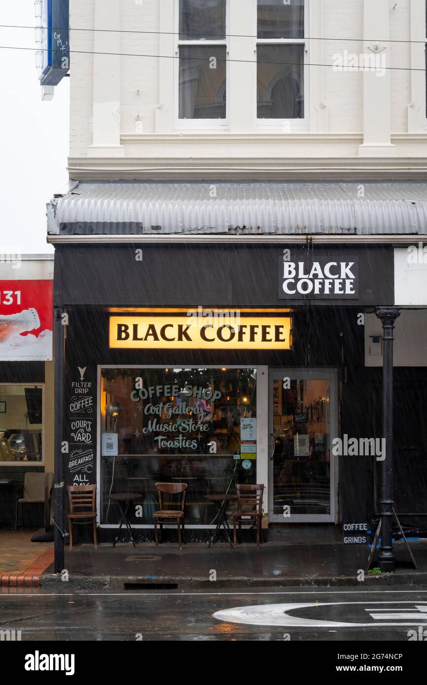 „Black Coffee“-Café in Newtown, Wellington, Nordinsel, Neuseeland Stockfoto