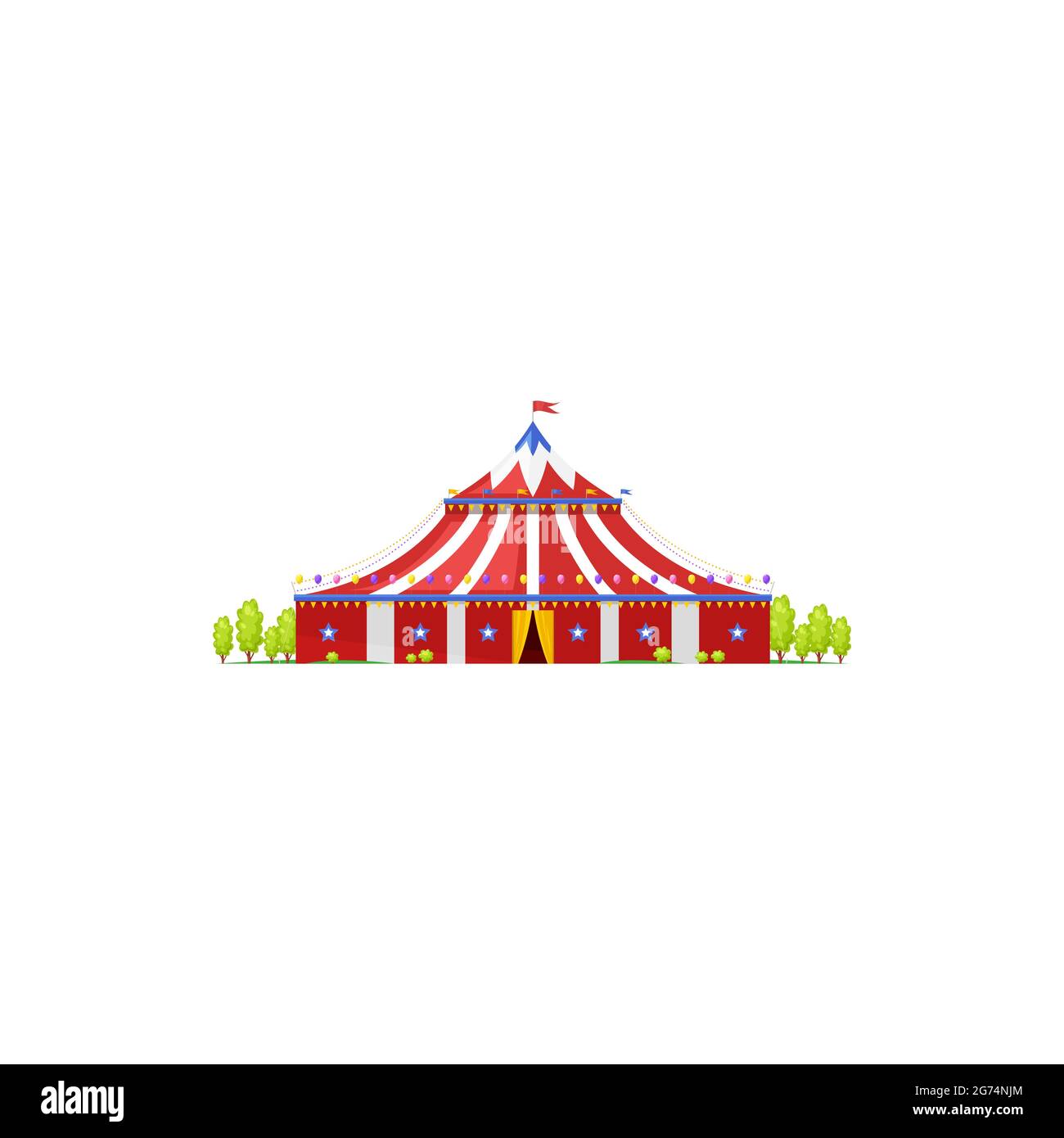 Canopy Wanderchapiteau, alte shapito cirque mit Flagge auf der Spitze isoliert Ikone. Vector roten Festzelt, Vergnügungsmarkise des Zirkus Gebäude. Fahrzirk Stock Vektor