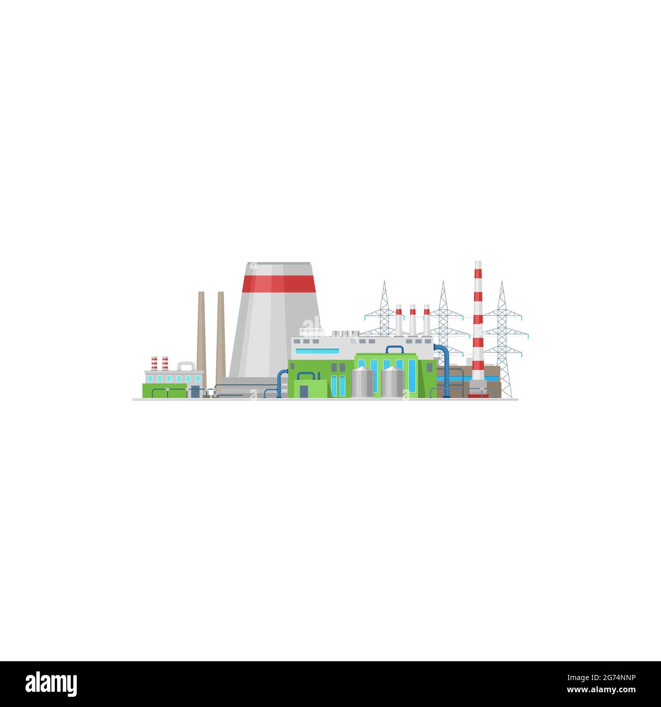 Kraftwerk oder Energiestation und Fabriktürme Vektor Elektroindustrie Symbol. Kernkraftwerk nukleare, chemische oder thermische Fabrikgebäude mit Turbine Stock Vektor