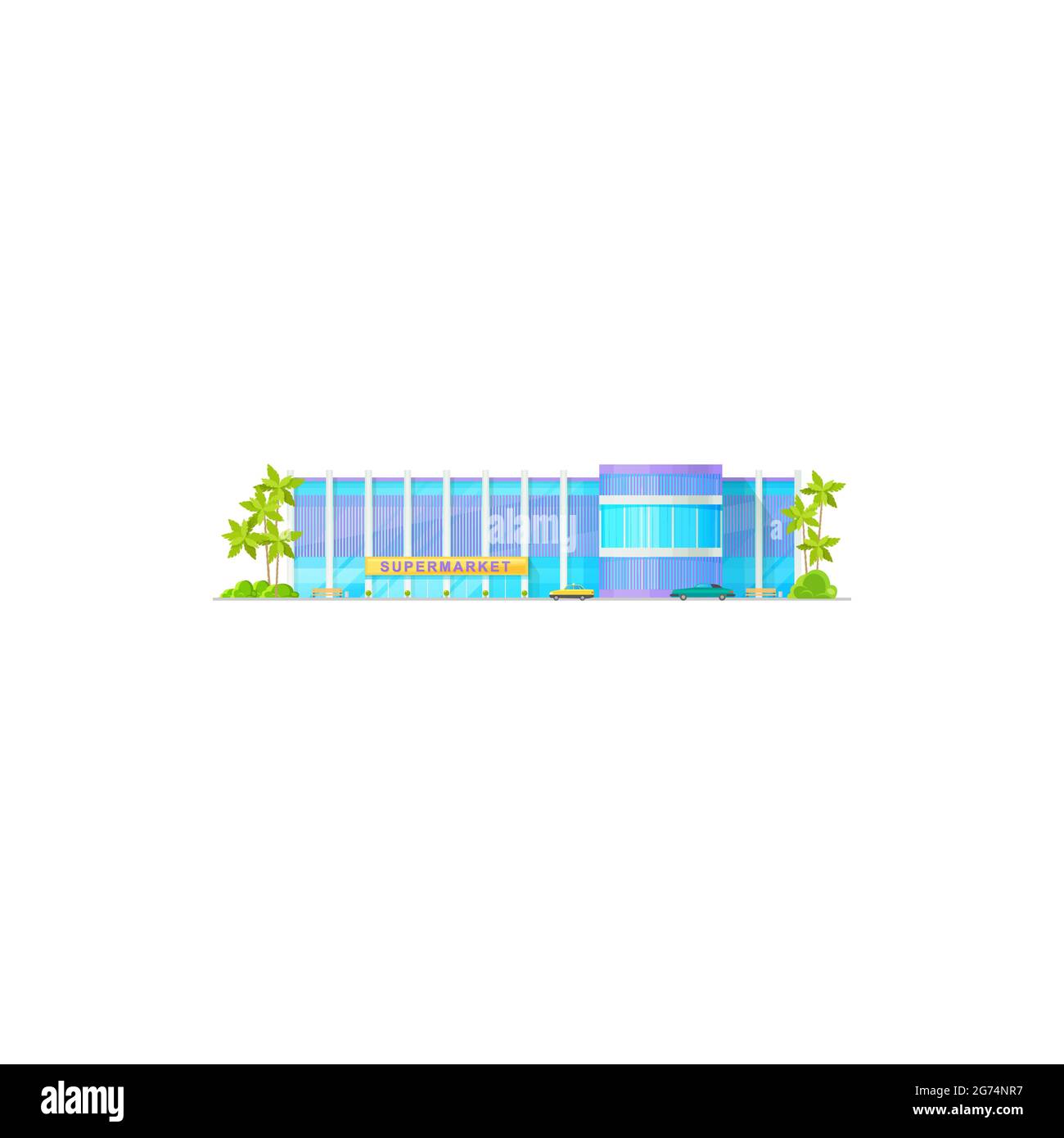 Supermarkt Einkaufszentrum Gebäude Ikone, Laden oder Lebensmittelgeschäft, Vektor-Hypermarkt Handelszentrum. Moderne Architektur, flaches Äußere des Supermarkts oder eines Stadtladens Stock Vektor