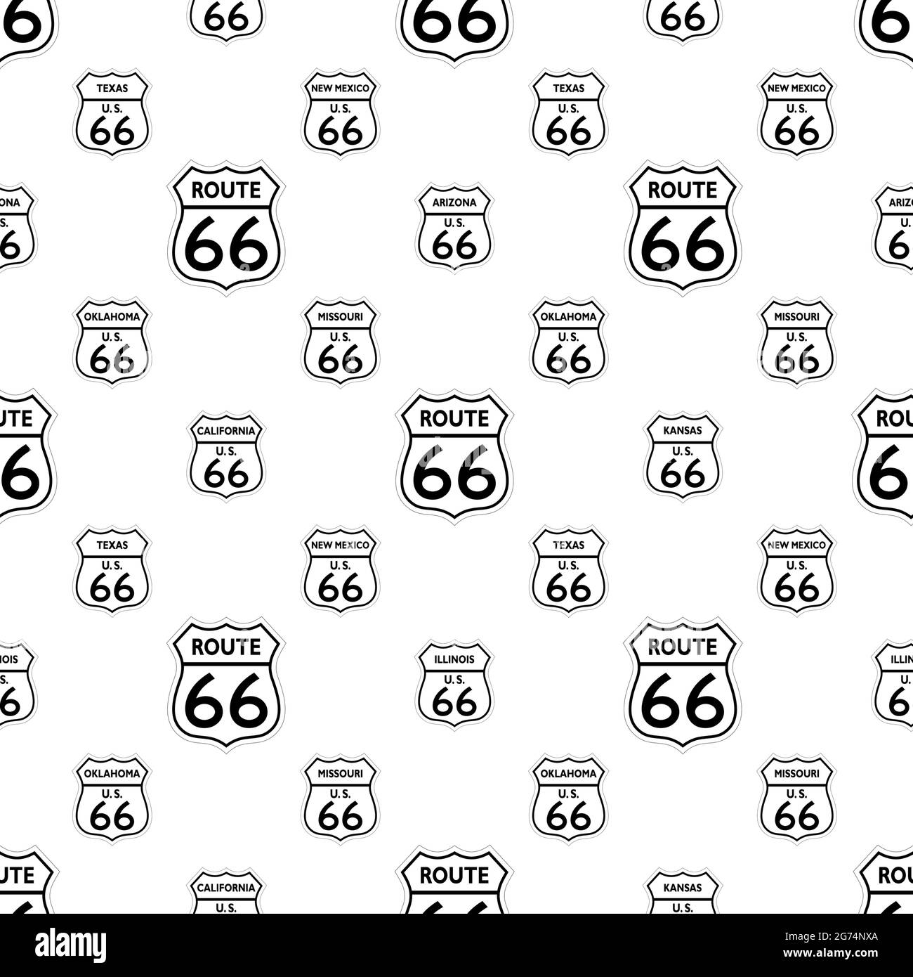Nahtlose Route 66 Verkehrszeichen Symbole in schwarz und weiß aus den Vereinigten Staaten von Amerika mit allen verwandten Staaten. Stock Vektor