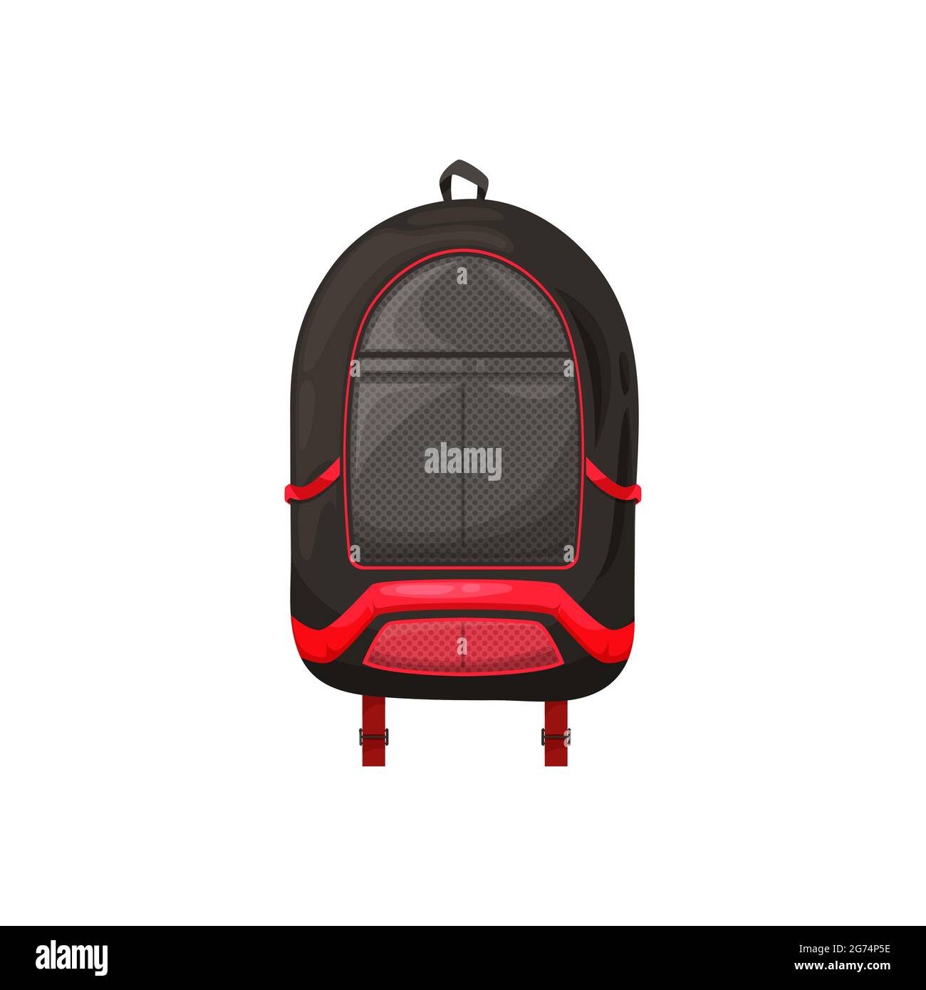 Kinder Schultasche isoliert Vektor-Symbol, Cartoon Rucksack der schwarzen Farbe mit roten dekorativen Elementen. Schüler- oder Wanderrucksack, touristischer Rucksack oder s Stock Vektor