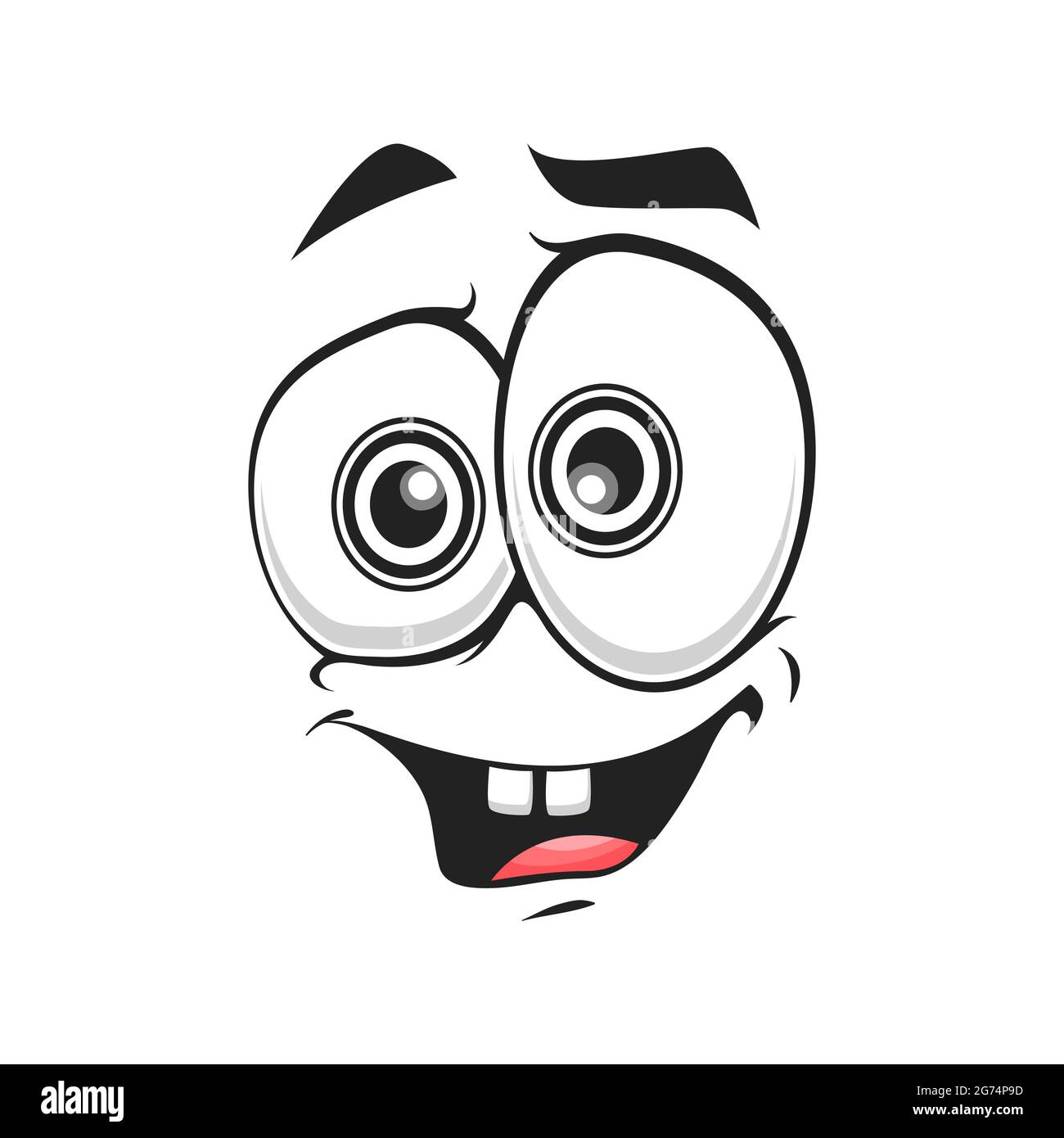 Cartoon Gesicht isoliert Vektor-Symbol, erfreut Lächeln Gesichts Emoji von lustigen Kreatur. Fröhliche Emotionen, komisches Gesicht mit toothy lächelndem Mund und Goggle Roun Stock Vektor