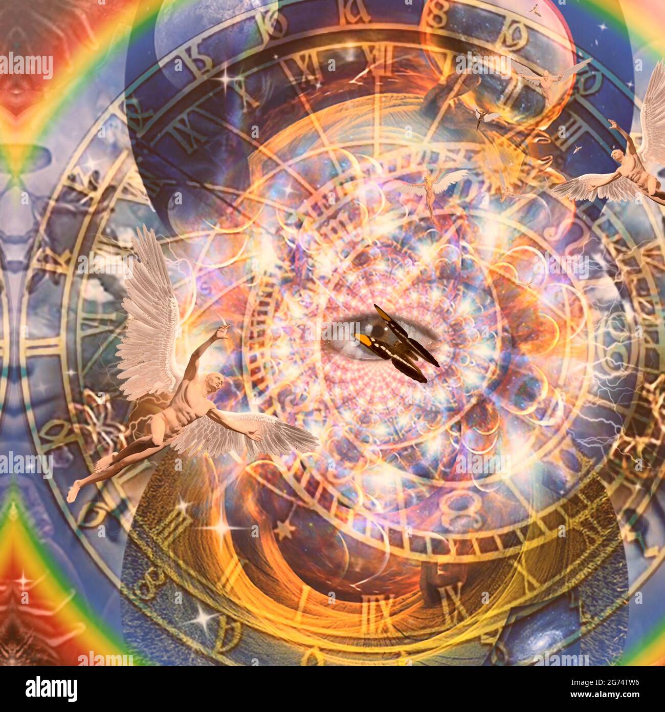 Engel, Schmetterling und mittelalterliche astronomische Uhr. 3D-Rendering. Stockfoto