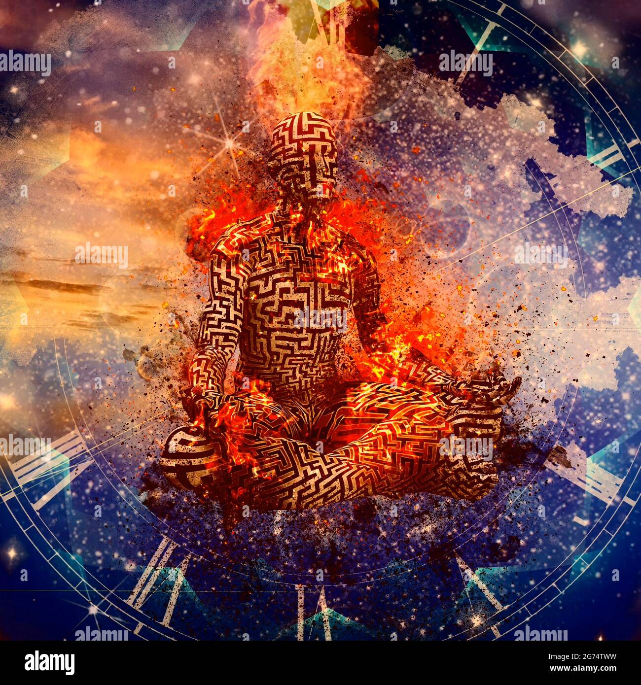 Flammende Meditation. Mann in Lotushaltung. 3D-Rendering. Stockfoto