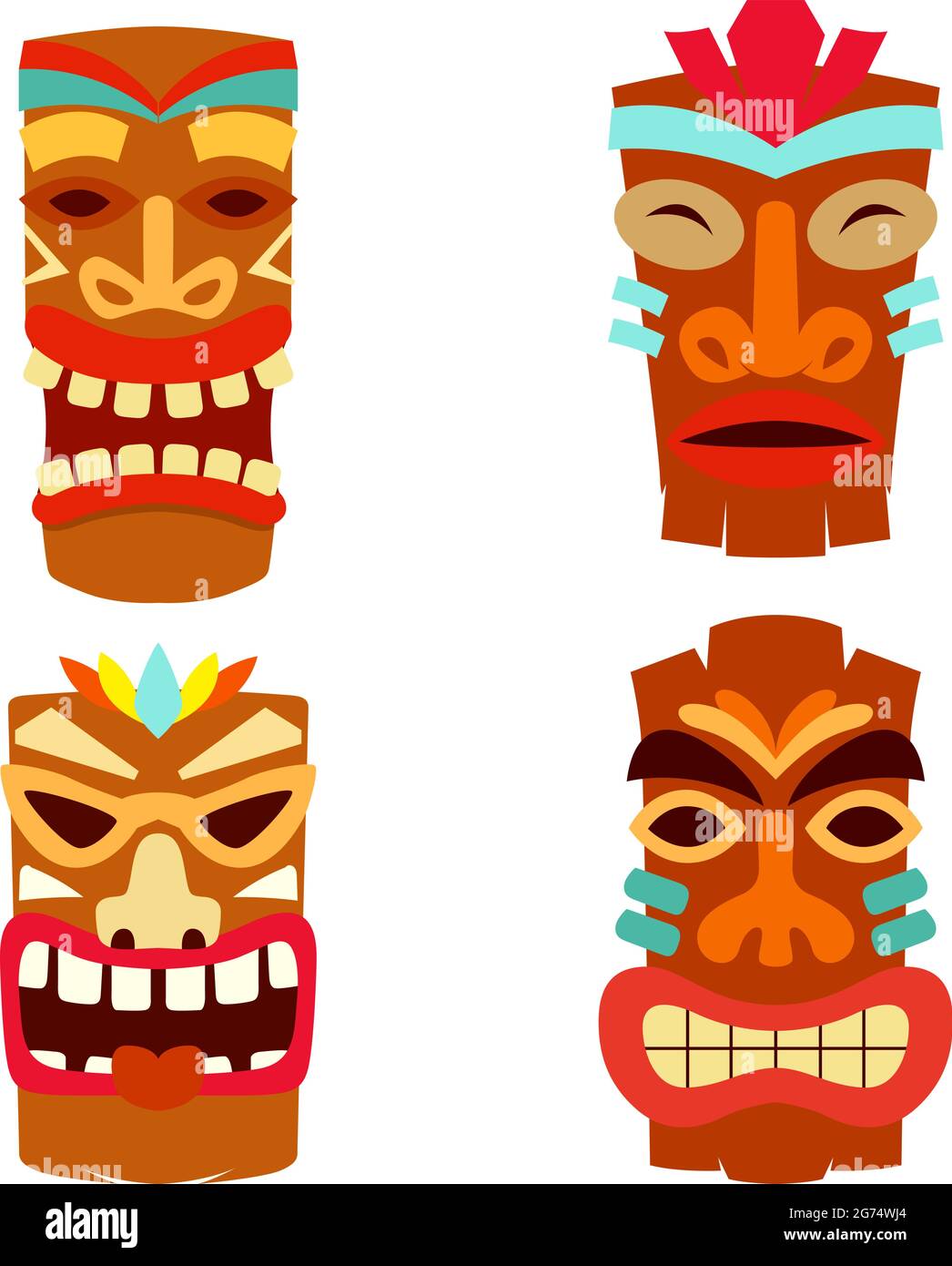Set Illustration von Tiki Idol im flachen Stil. Gestaltungselement für Logo, Etikett, Schild, Plakat. Vektorgrafik Stock Vektor