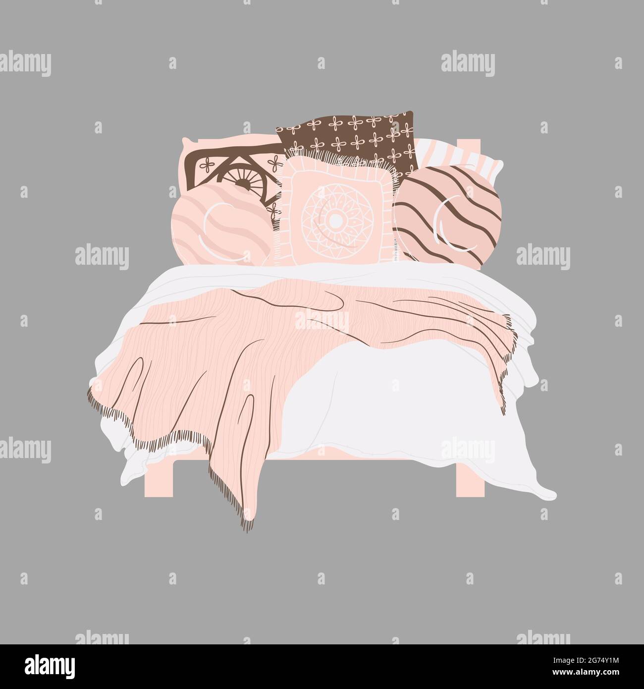 Doppelbett mit blanken und dekorativen Kissen in beigefarbenen Farben. Clip-Art im Cartoon-Stil. Einzelnes Objekt auf grauem Hintergrund isoliert. Gemütliches Schlafzimmer Stock Vektor