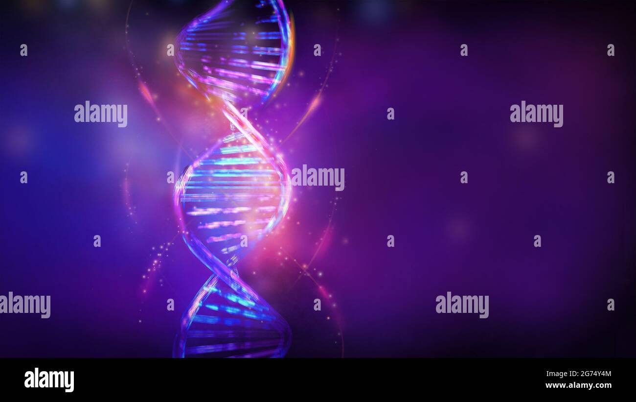 Leuchtende DNA-Doppelhelix in violett-blauen Farben, 3D-Rendering. Stockfoto