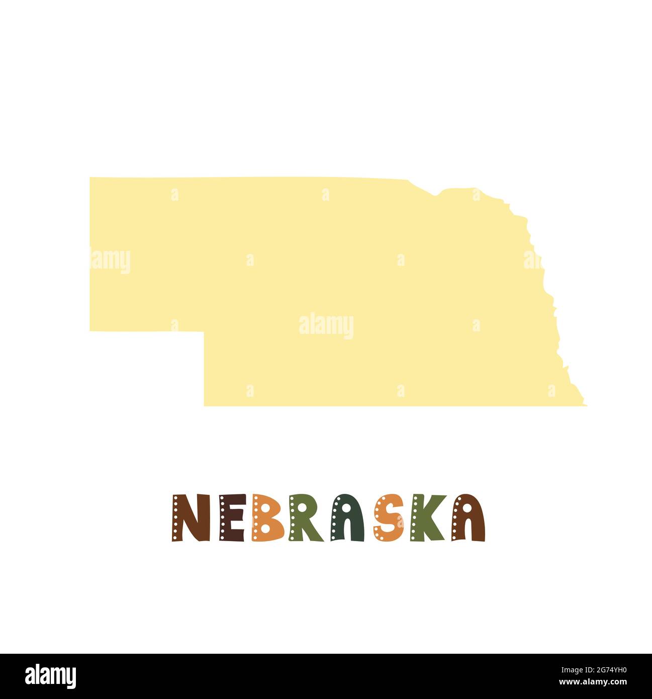 Nebraska Karte isoliert. USA Kollektion. Karte von Nebraska - gelbe Silhouette. Kritzelnde Schriftzüge auf Weiß Stock Vektor