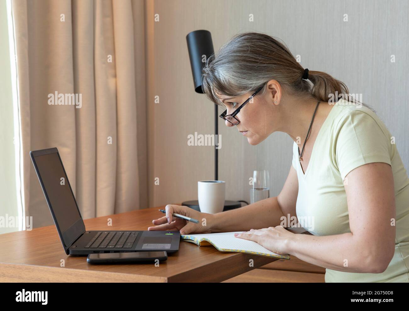 Frau mittleren Alters, die zu Hause arbeitet Stockfoto