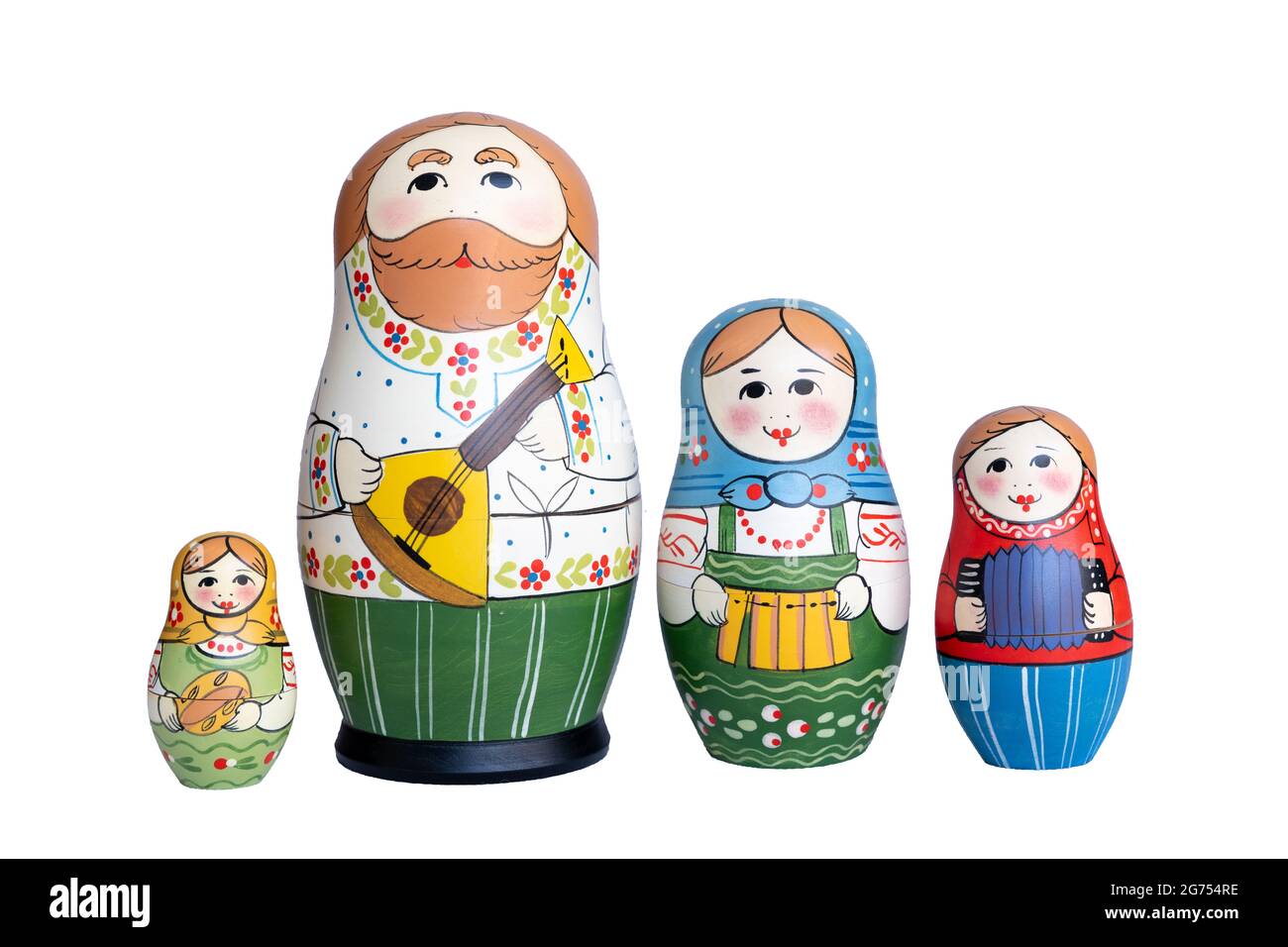 Ein komplettes Stapelset von Matroschka Puppenfamilie mit Vater und Mutter und den beiden Töchtern auf weißem Hintergrund. Holzpuppen. Russische Babushka dol Stockfoto