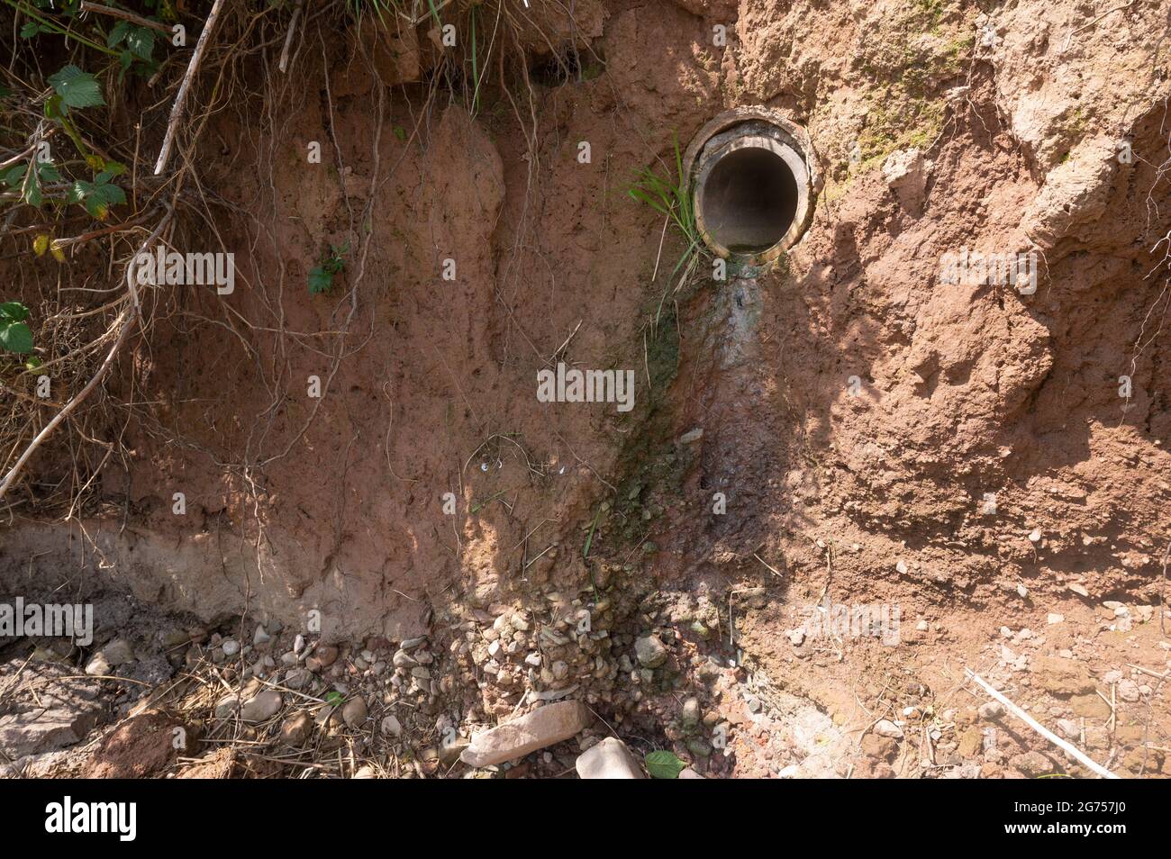 Hausabfluss, der aufgrund einer Fehlverbindung zum Oberflächenwasser-Entwässerungsnetz direkt in das Gwendraeth Fach, Llangyndeyrn, abgeleitet wird Stockfoto