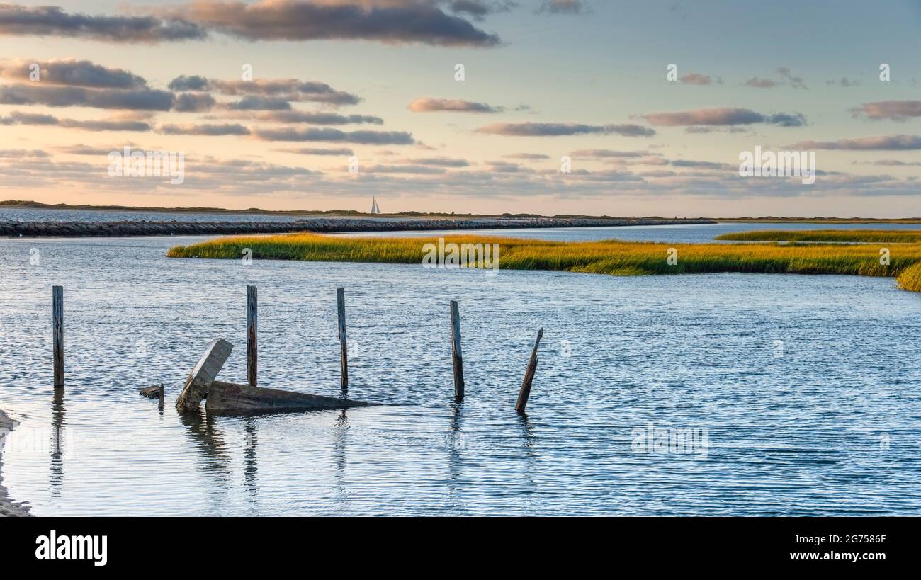 Ein Blick auf die Salzwassermarschen mit Grasland und Wellenbrecher am frühen Morgen entlang des Atlantischen Ozeans in Provincetown, Cape Cod, Massachusetts. Stockfoto